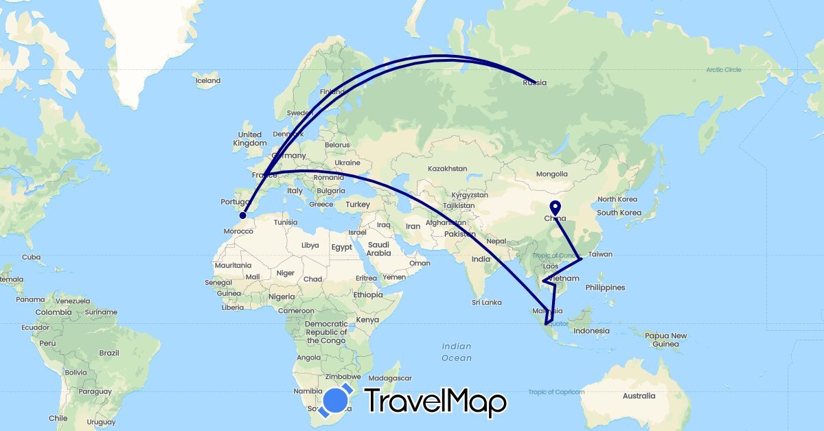 TravelMap itinerary: driving in China, Finland, France, Indonesia, Cambodia, Morocco, Malaysia, Russia, Singapore, Thailand (Africa, Asia, Europe)